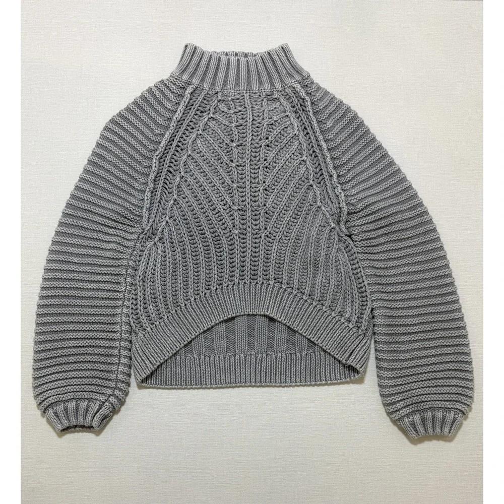 Free People Cable Knit Sweater Size XS Crop Oversized Balloon Sleeve Boho Gray